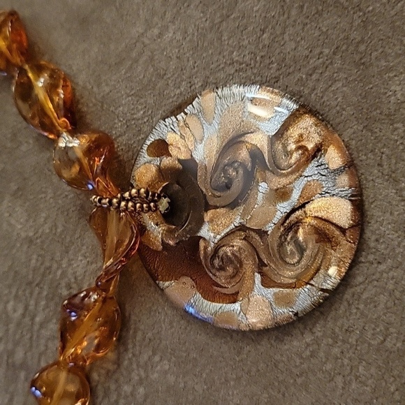 Vtg Bronze Beaded Handblown Glitter Glass Pendant Necklace - Picture 3 of 8